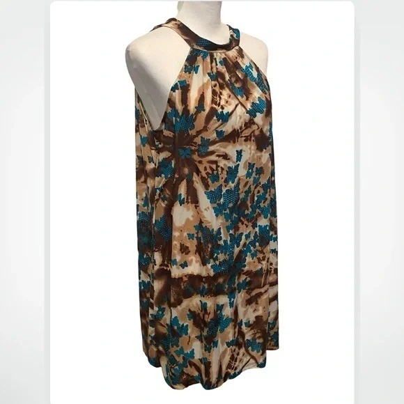 NEW Tie Dye Brown Butterflies High Neck Sleeveless Floaty Dress - Picture 2 of 7